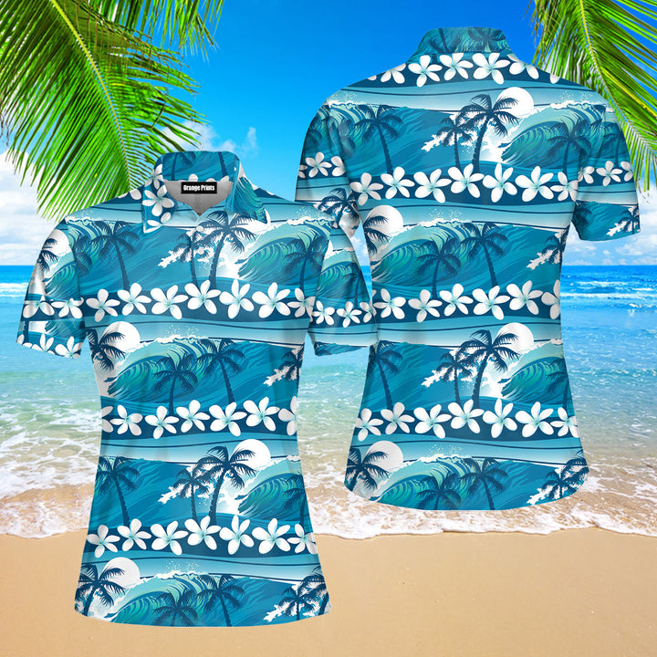 Blue Tropical Surfing Palm Trees Polo Shirt For Women