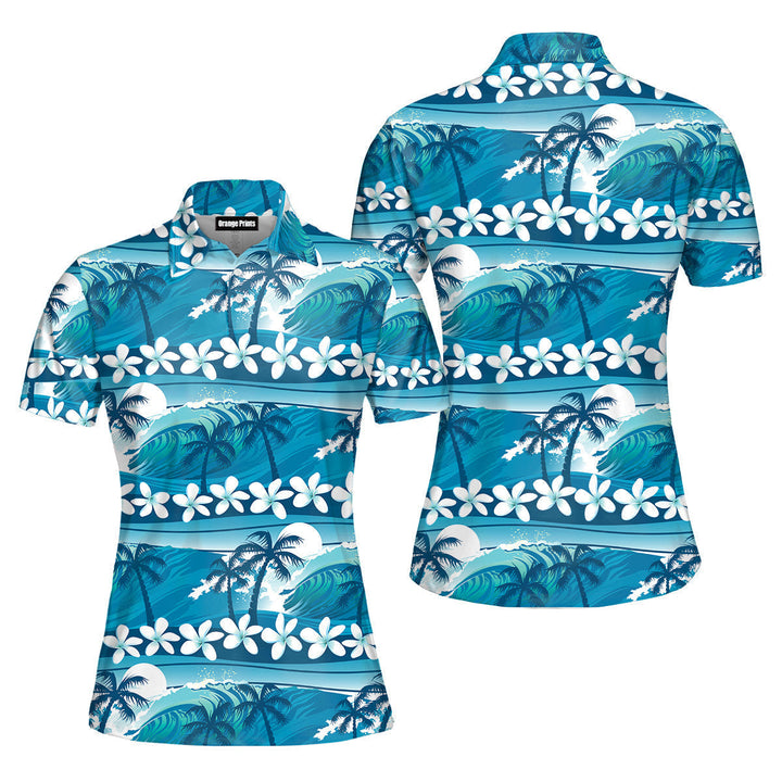 Blue Tropical Surfing Palm Trees Polo Shirt For Women