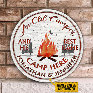Camping Old Camper Camp Here Custom Round Wood Sign | Home Decoration | Waterproof | WN1131-Colorful-Gerbera Prints.