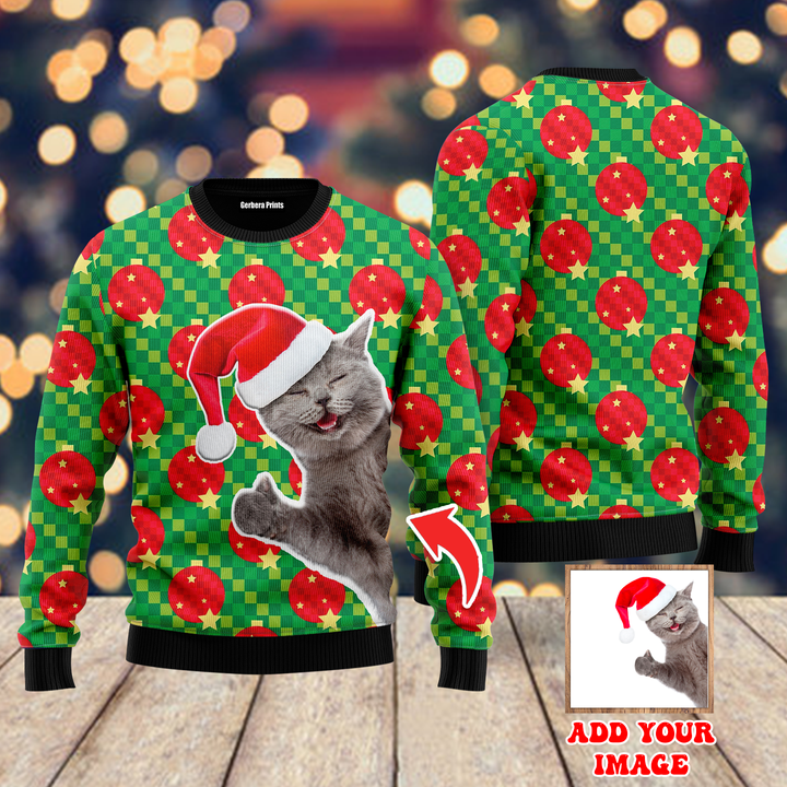 Cat With Red Hat And Christmas Ball Custom Christmas Sweaters | For Men & Women | UP1031-Gerbera Prints.