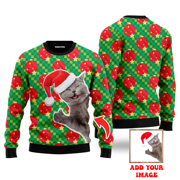 Cat With Red Hat And Christmas Ball Custom Christmas Sweaters | For Men & Women | UP1031-Colorful-Gerbera Prints.