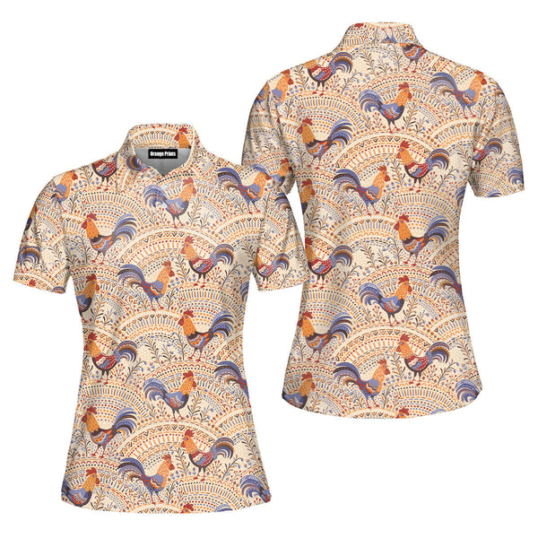 Chicken Roosters In Floral Ornament On A Beige Native Pattern Polo Shirt For Women