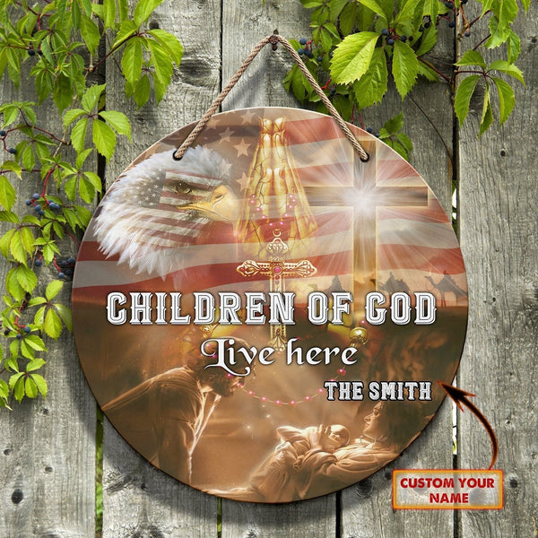 Children Of God Live Here Custom Round Wood Sign | Home Decoration | Waterproof | WN1062-Colorful-Gerbera Prints.