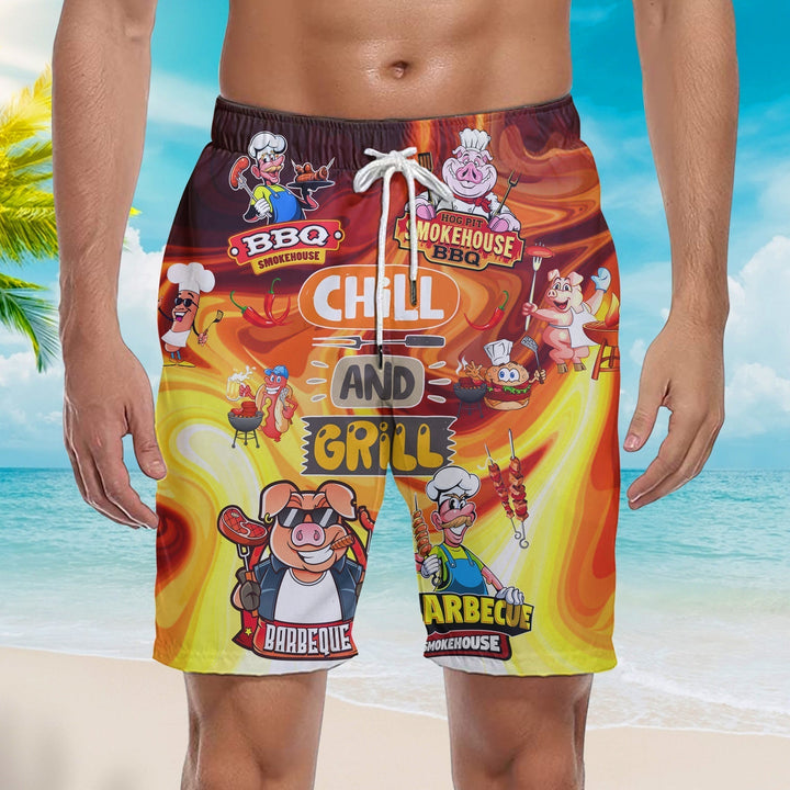 Chilling And Grilling BBQ Pigs Beach Shorts For Men