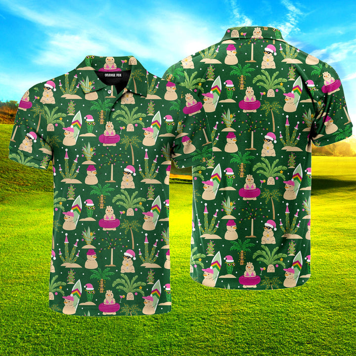 Christmas Palm Trees Funny Snowman Green Polo Shirt For Men