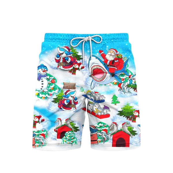 Christmas Shark Blue Beach Shorts For Men