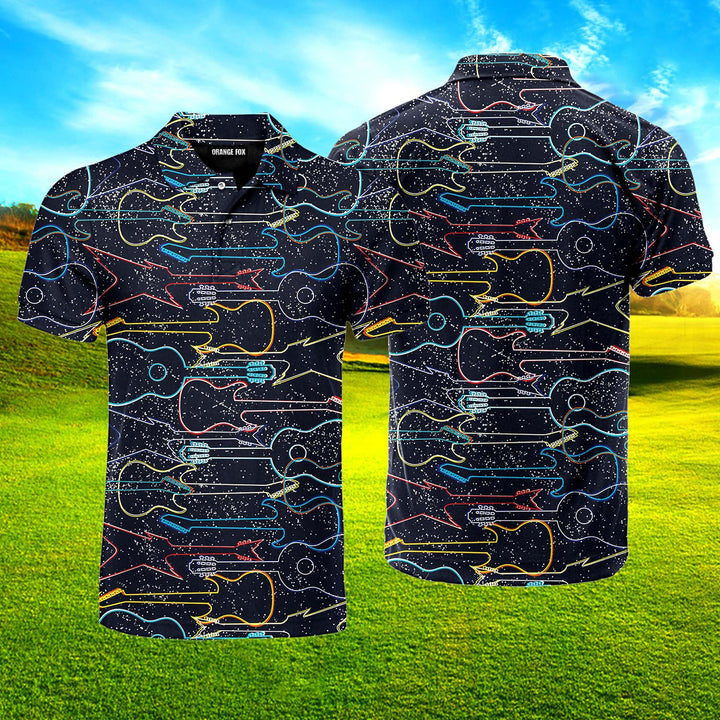 Colorful Acoustic And Electric Guitars Polo Shirt For Men