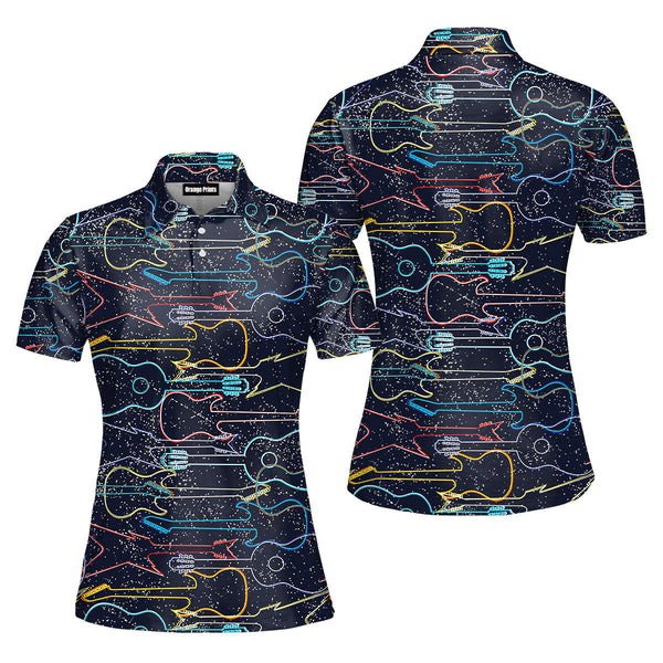 Colorful Acoustic And Electric Guitars Polo Shirt For Women