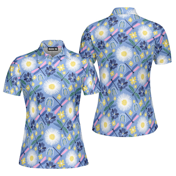 Colorful Dragonflies Rainbows And Flowers Polo Shirt For Women