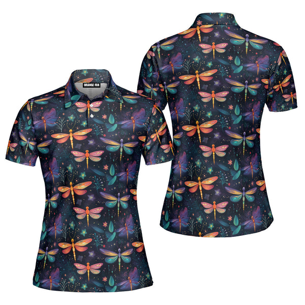 Colorful Dragonflies With Flowers Polo Shirt For Women
