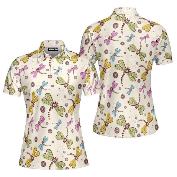 Colorful Dragonfly And Flowers Polo Shirt For Women