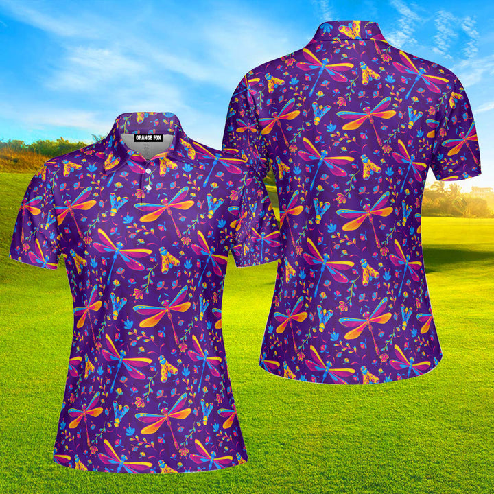 Colorful Dragonfly Insects And Flowers Polo Shirt For Women