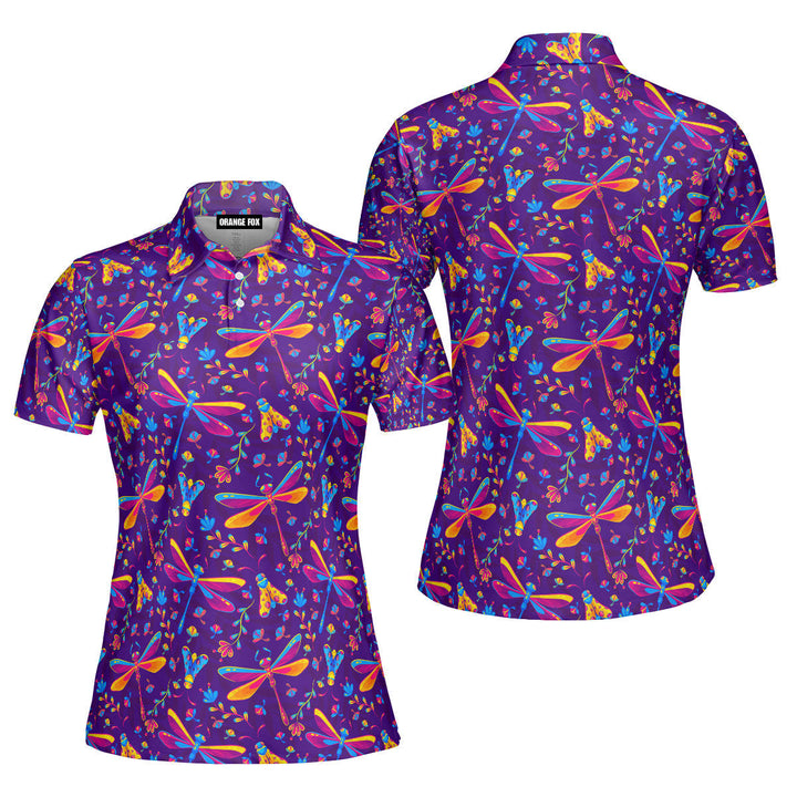 Colorful Dragonfly Insects And Flowers Polo Shirt For Women