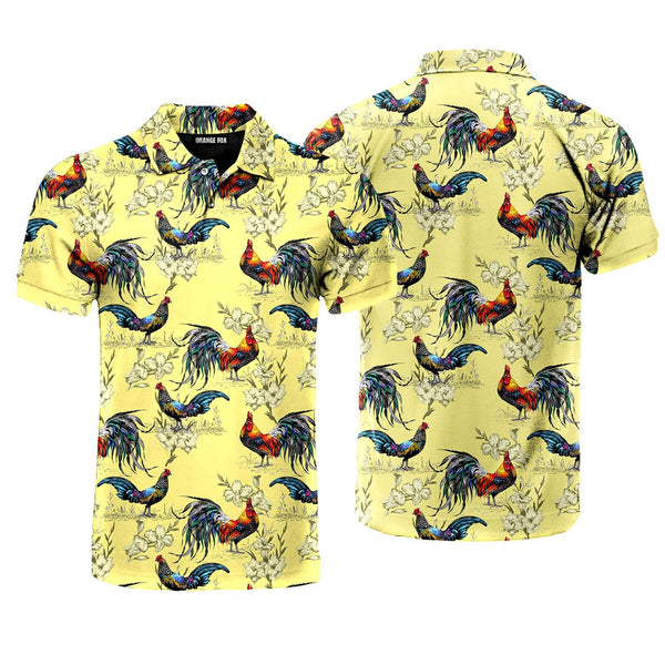 Colorful Farm Chicken Roosters Silhouettes Love Flowers Polo Shirt For Men