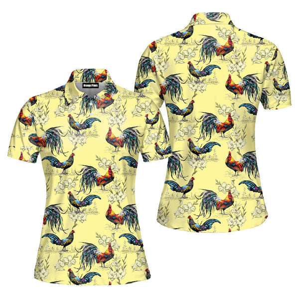 Colorful Farm Chicken Roosters Silhouettes Love Flowers Polo Shirt For Women
