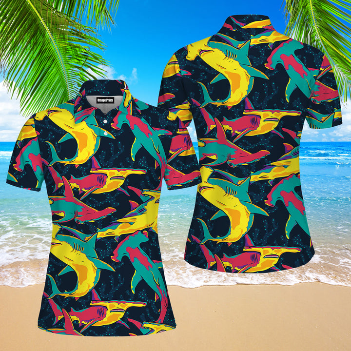 Colorful Hammerhead Shark Polo Shirt For Women