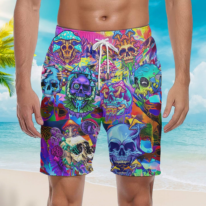 Colorful Happy Hippie Mushroom Skull Beach Shorts For Men