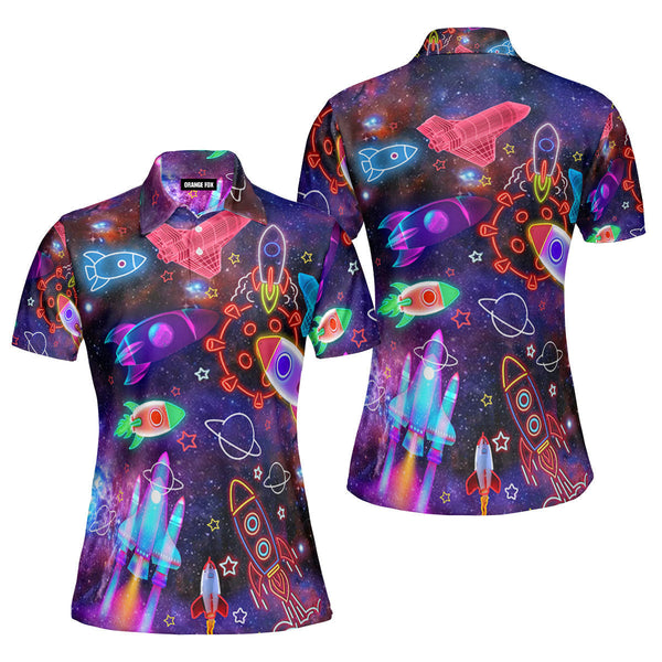 Colorful Light Rocket In Outer Space Polo Shirt For Women