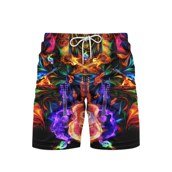 Colorful Neon Flame Guitar Beach Shorts For Men