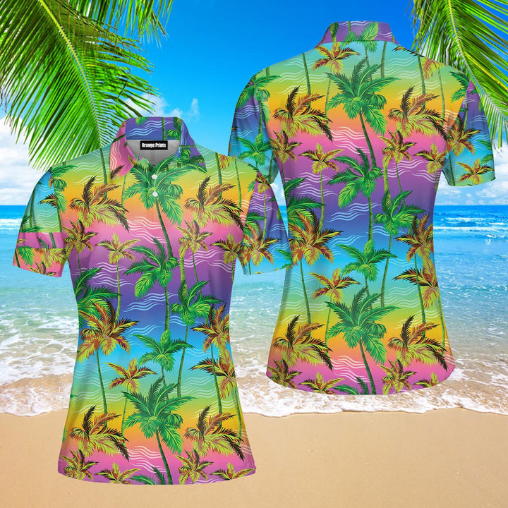 Colorful Palm Trees Tropical Polo Shirt For Women