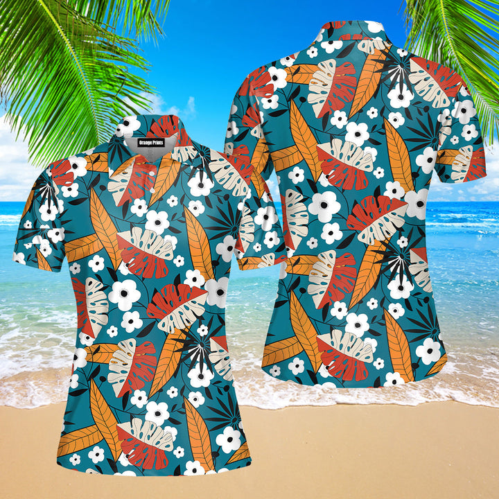 Colorful Tropical Floral Pattern Polo Shirt For Women