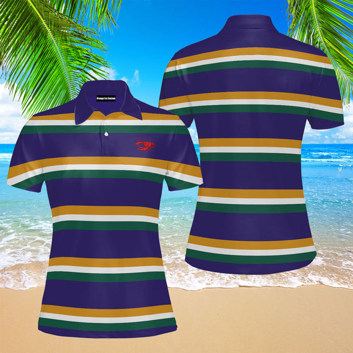 Crawfish Purple Ground Stripe Mardi Gras Rugby Polo Shirt For Women