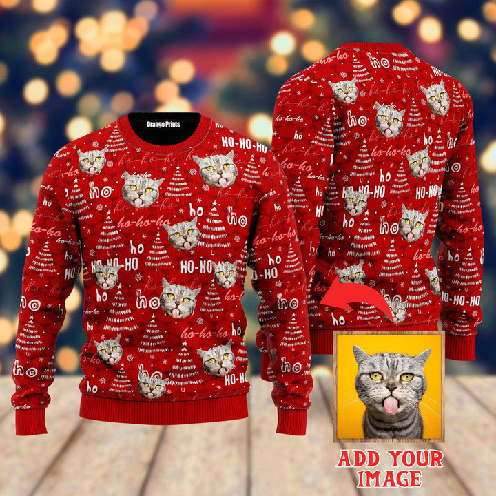 Custom Photo Funny Cat On Red Custom Christmas Sweaters | For Men & Women | UP1013-Gerbera Prints.
