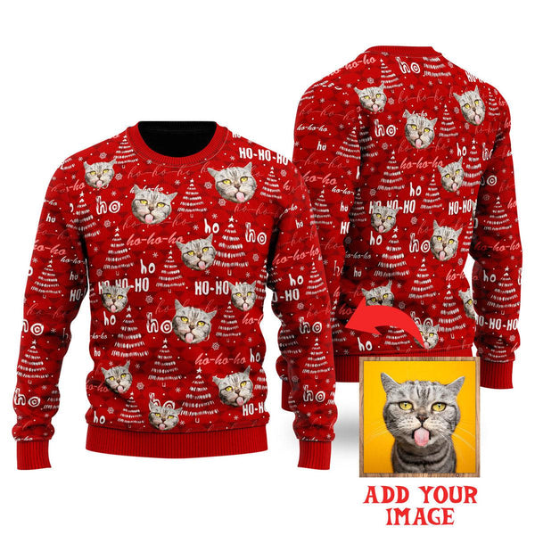 Custom Photo Funny Cat On Red Custom Christmas Sweaters | For Men & Women | UP1013-Colorful-Gerbera Prints.