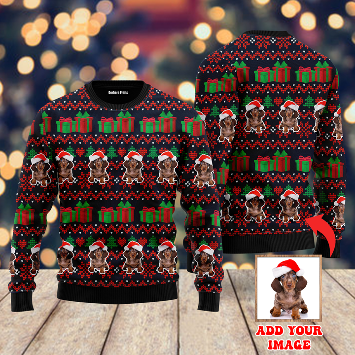 Custom Photo Mini Dachshund Dog With Christmas Gifts Custom Christmas Sweaters | For Men & Women | UP1021-Gerbera Prints.