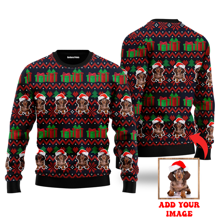 Custom Photo Mini Dachshund Dog With Christmas Gifts Custom Christmas Sweaters | For Men & Women | UP1021-Colorful-Gerbera Prints.