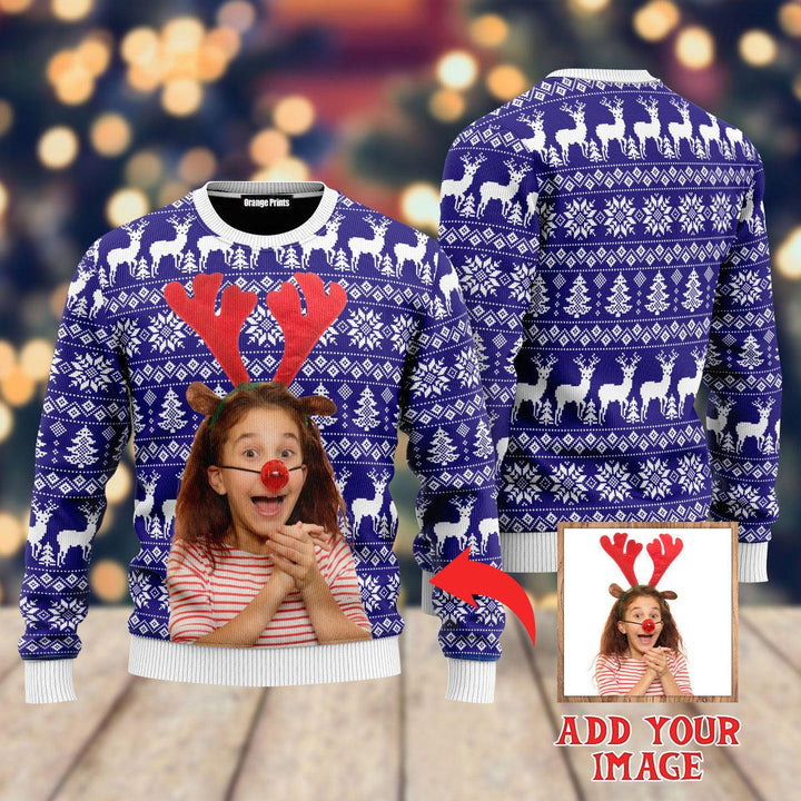 Custom Photo On Reindeer Xmas Custom Christmas Sweaters | For Men & Women | UP1010-Gerbera Prints.