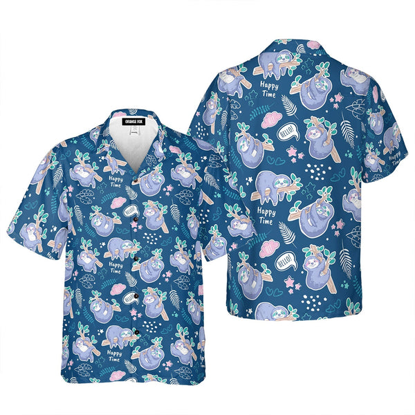 Cute Sloth Blue Tropical Pattern Aloha Hawaiian Shirts For Men & Women