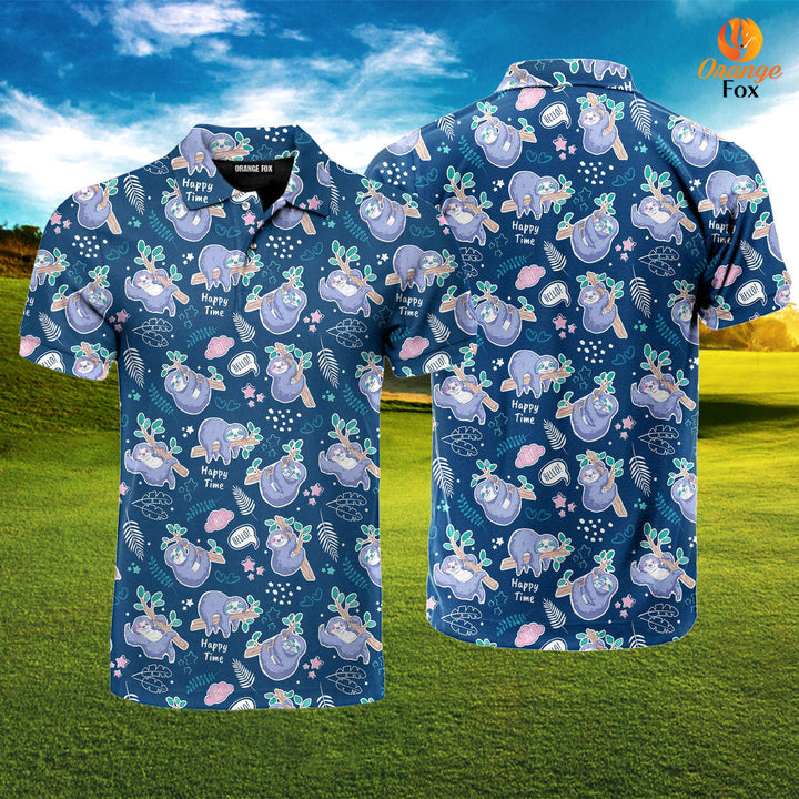 Cute Sloth Blue Tropical Polo Shirt For Men