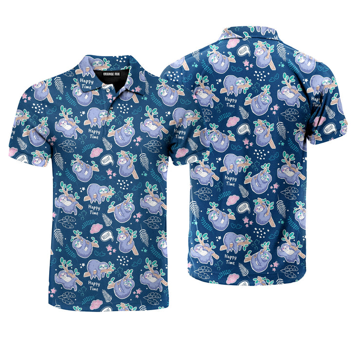 Cute Sloth Blue Tropical Polo Shirt For Men