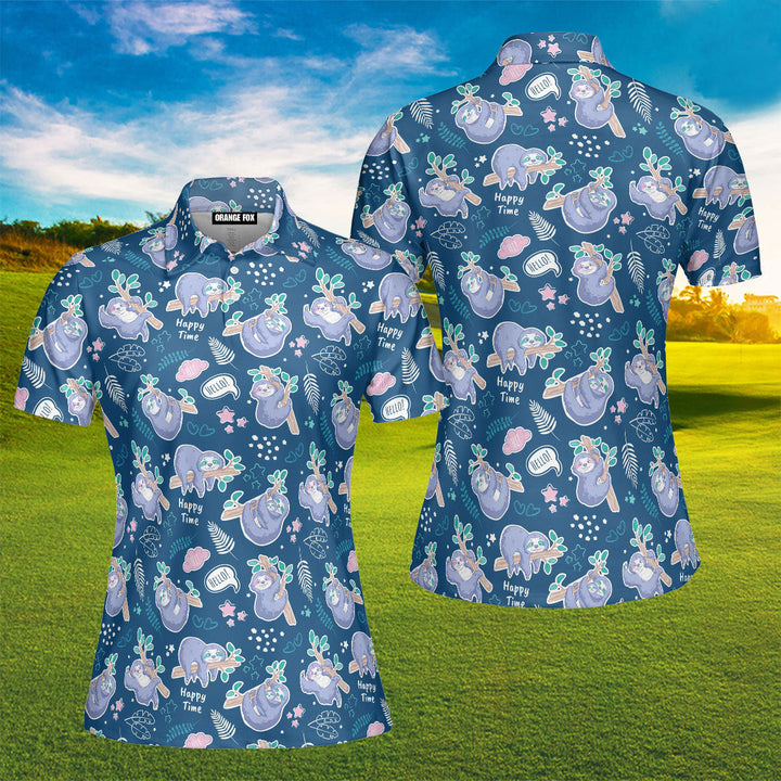 Cute Sloth Blue Tropical Polo Shirt For Women