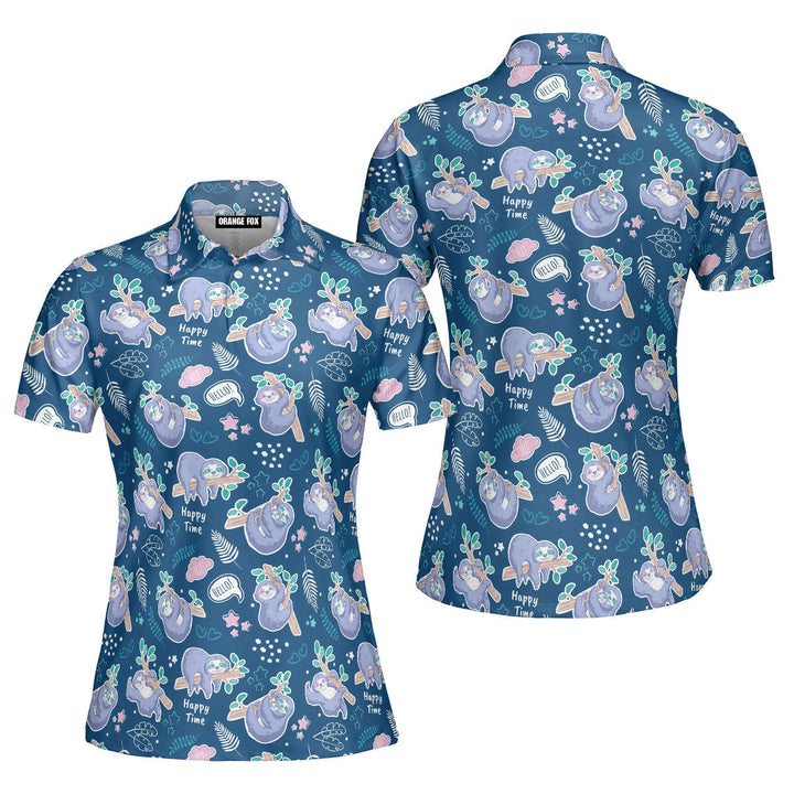 Cute Sloth Blue Tropical Polo Shirt For Women