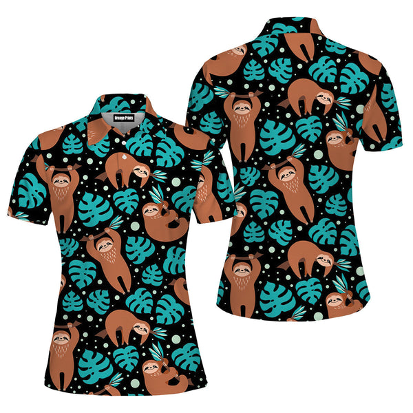 Cute Sloth On Tropical Forest Polo Shirt For Women