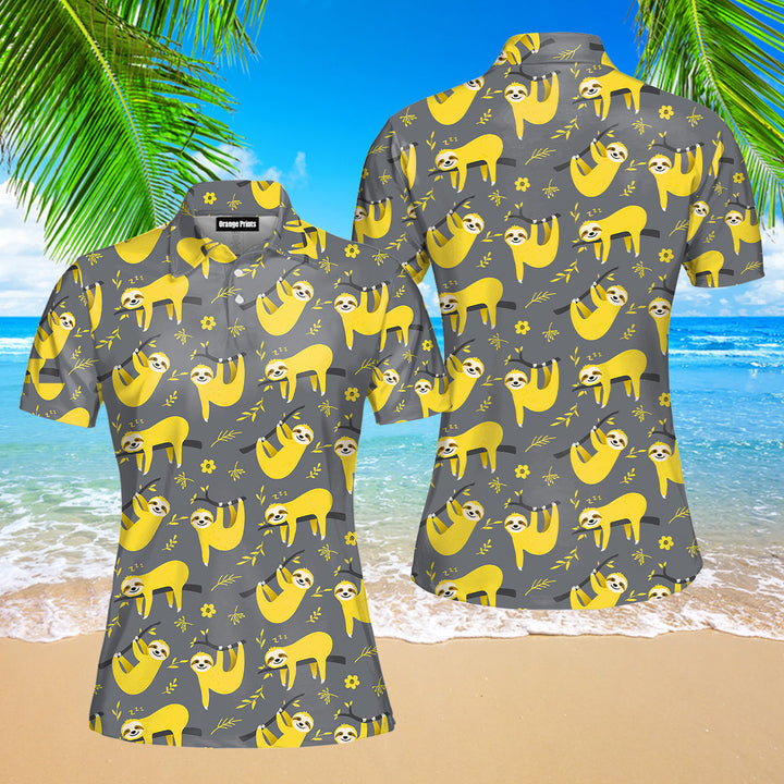 Cute Sloth Seamless Pattern In Yellow And Gray Polo Shirt For Women