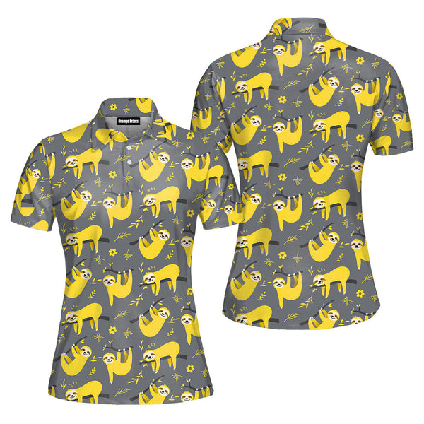 Cute Sloth Seamless Pattern In Yellow And Gray Polo Shirt For Women