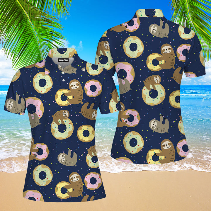 Cute Sloth With Sweet Donuts Polo Shirt For Women