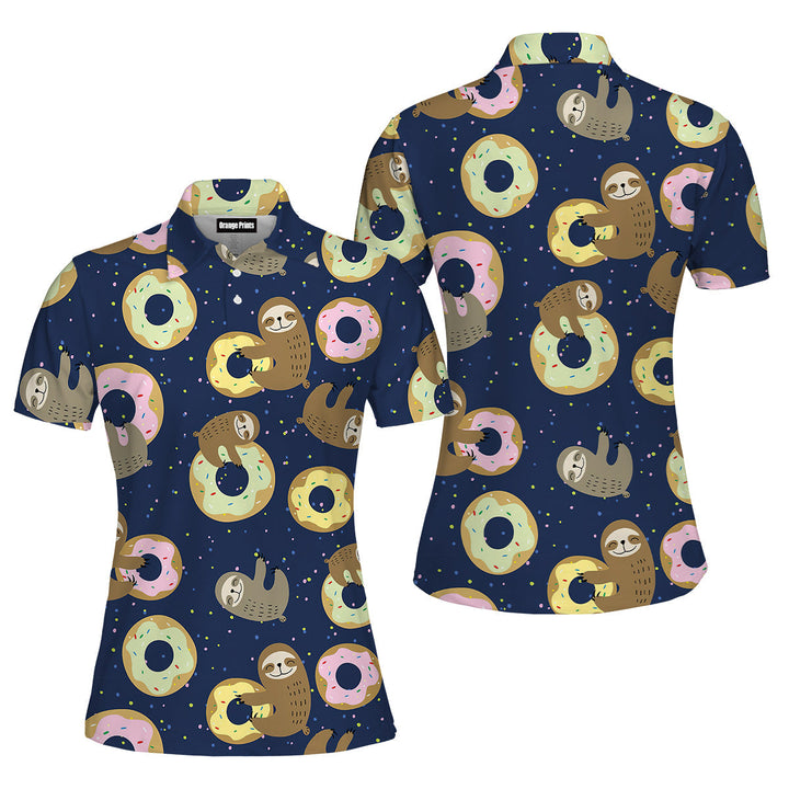 Cute Sloth With Sweet Donuts Polo Shirt For Women