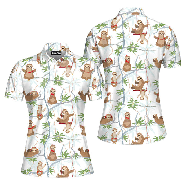 Cute Sloths Having Fun On The Trees Polo Shirt For Women