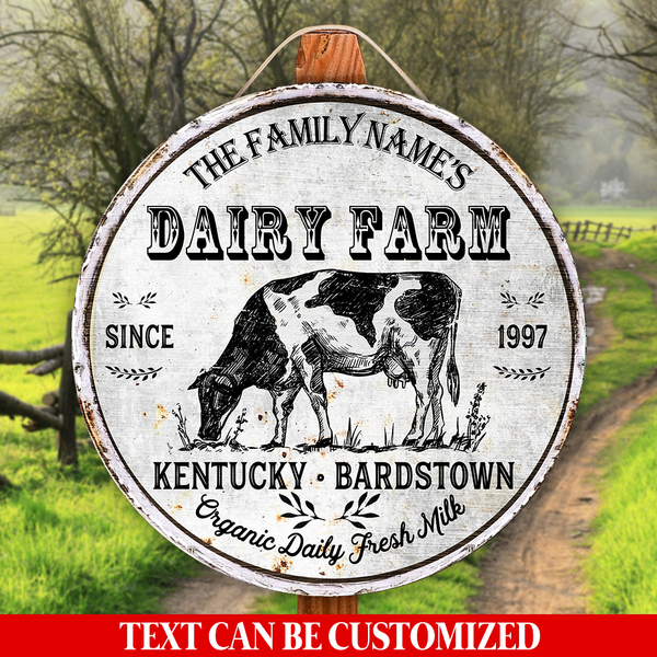 Dairy Cow Farm Custom Round Wood Sign | Home Decoration | Waterproof | WN1324-Colorful-Gerbera Prints.