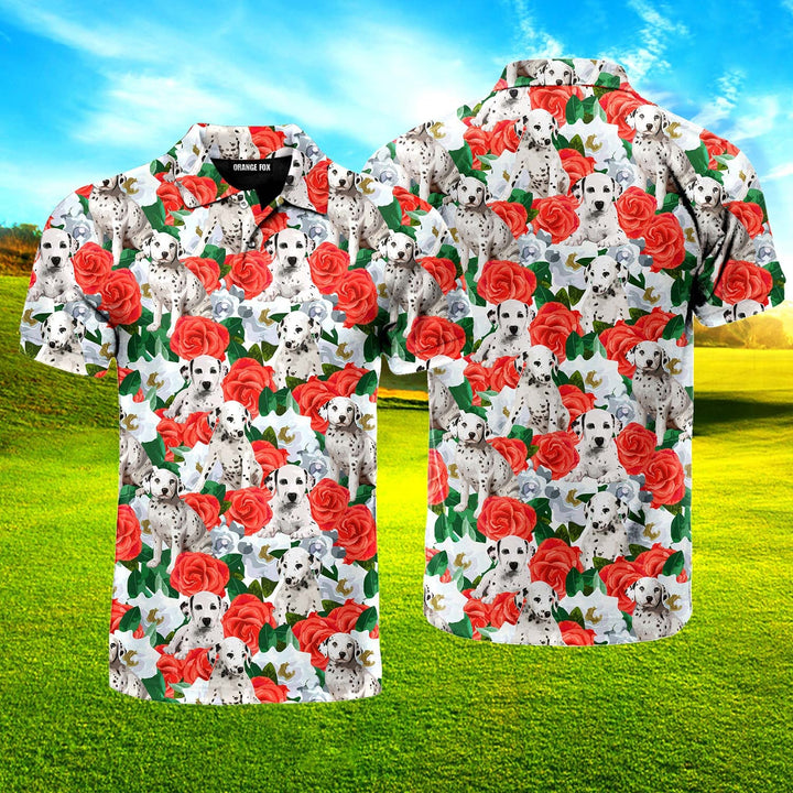 Dalmatins Dog In Red Flowers Polo Shirt For Men