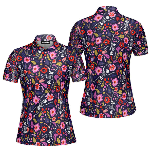 Dancing Skeleton In The Flower Garden Polo Shirt For Women