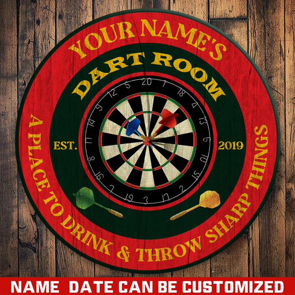 Dart Room A Place To Drink Custom Round Wood Sign | Home Decoration | Waterproof | WN1336-Colorful-Gerbera Prints.