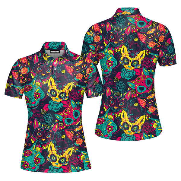 Day Of The Dead Colorful Sugar Cat Skull With Floral Polo Shirt For Women