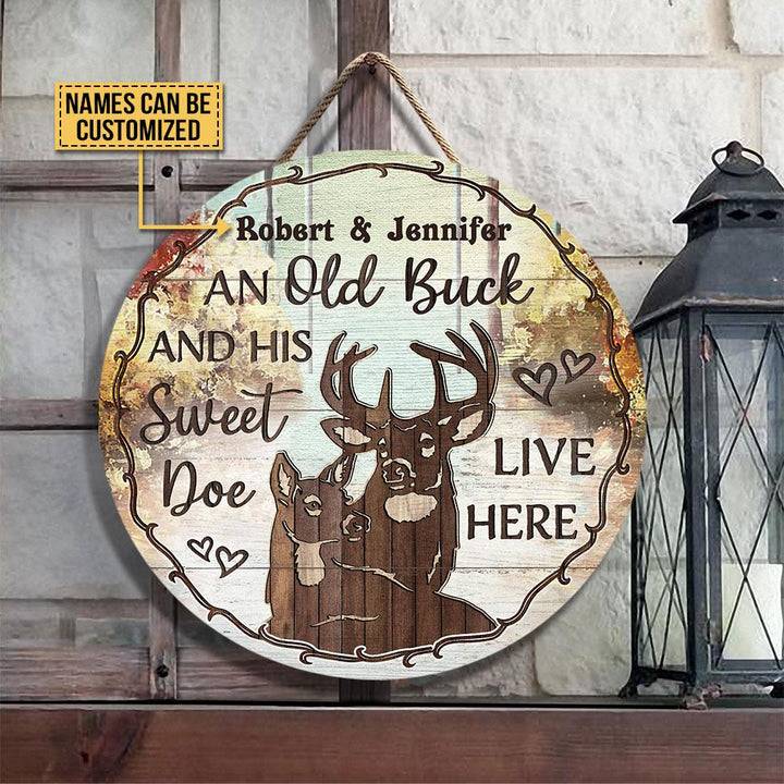 Deer Couple Brown Custom Round Wood Sign | Home Decoration | Waterproof | WN1552-Gerbera Prints.