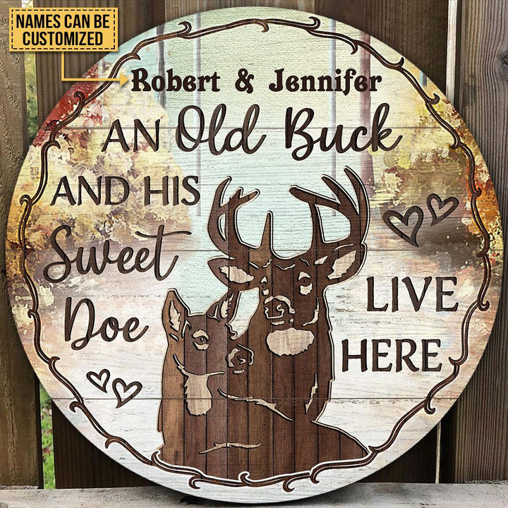 Deer Couple Brown Custom Round Wood Sign | Home Decoration | Waterproof | WN1552-Colorful-Gerbera Prints.