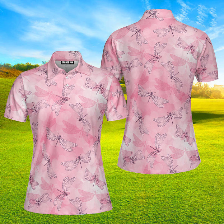 Delicate Pink Spring Flying Dragonflies Polo Shirt For Women